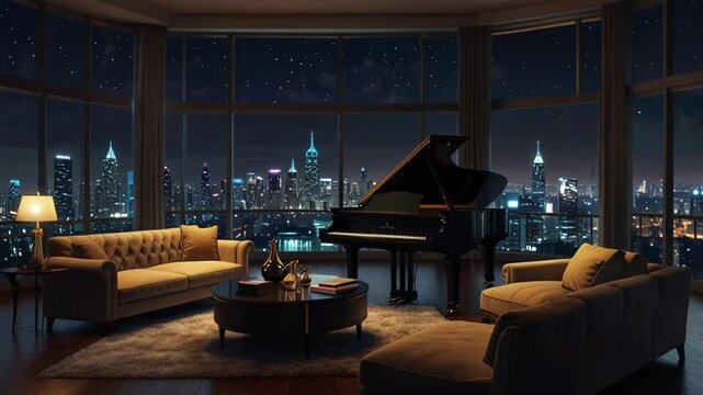 Luxurious room with grand piano, sofa, table and windows with night city views. seamless looping 4k video background animation