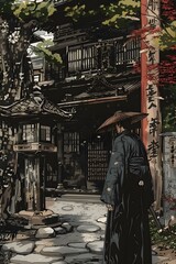 Naklejka premium Samurai Walking Through Traditional Japanese Architecture
