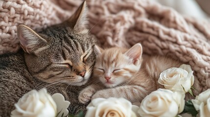 lovely arrangement of a cat and kitten sleeping together, embellished with hearts and roses, ideal for Mother's Day or romantic celebrations
