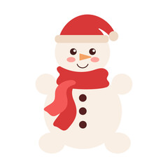 A cartoon snowman wearing a red scarf and a red hat. The snowman is smiling and he is happy
