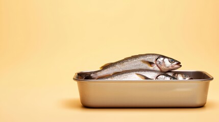 A silver tray with two fish on it