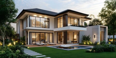 Fototapeta premium Modern Luxury Villa with Swimming Pool and Lush Greenery