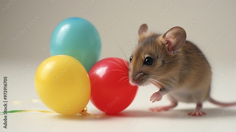 Wall mural mouse with balloons on white background