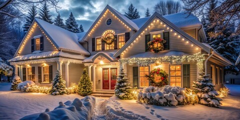 Christmas house covered in snow with twinkling lights and wreaths on the windows, winter, holiday, home, snow, Christmas