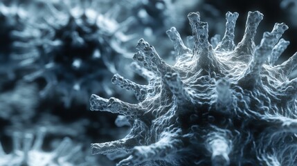 A 3D rendering of a microscopic view of a virus, showing detailed spikes and textures on the surface, used for scientific research