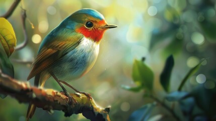 Obraz premium A serene digital illustration of a small bird on a tree branch. Blue back, brown belly, orange face, red collar, glowing background with yellow, orange, and green hues. Bright and peaceful vibe.