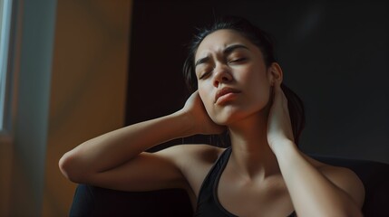 Naklejka premium Woman holding her neck in discomfort while sitting in a dimly lit room