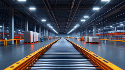 Automated conveyor belts in a modern logistics warehouse