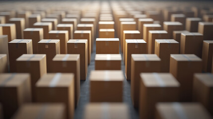 Rows of stacked boxes ready for shipment in a logistics warehouse