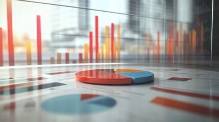 A corporate motion graphic presentation with animated pie charts and bar graphs, showing business growth and data trends