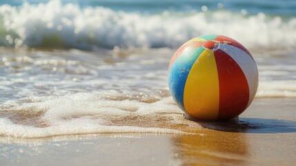 Obraz premium A close-up of a colorful beach ball on the sand with gentle waves in the background, capturing the fun and vibrancy of a summer day.