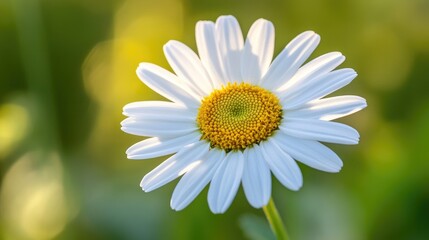 Obraz premium A close-up of a delicate daisy with white petals and a bright yellow center, set against a blurred garden background that emphasizes the flower's simplicity.