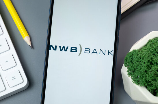 New York, USA - 30 August 2024: Nederlandse Waterschapsbank NWB Bank Logo on Phone Screen, Company Icon on Display