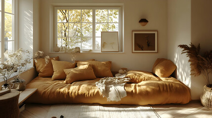 Cozy, sunlit room with a large yellow bed, plants, and artwork, creating a warm atmosphere.