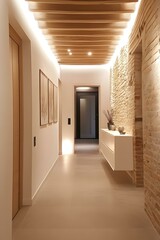 Modern Hallway Interior Design with Brick Wall and Wooden Ceiling