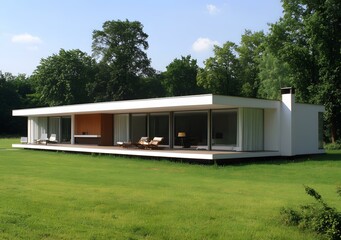 Modern House with Large Windows and a Patio in a Green Meadow