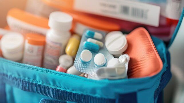 A close-up of a first aid kit opened to reveal essential items such as antiseptics, adhesive bandages, and over-the-counter medications.