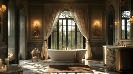 Elegant bathroom with a freestanding tub, large windows, and luxurious decor.