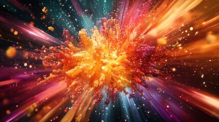 Fototapeta premium A vibrant digital art creation showing a burst of digital pixels exploding from a central point, creating a sense of creation or destruction