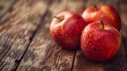 Three red apples with water droplets on a rustic wooden surface