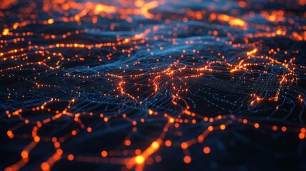 A visualization of electricity flow within a network grid, showcasing glowing lines that connect different nodes and hubs across a dark background