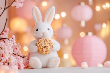 cute white bunny holding a mooncake, traditional pastel pink chinese lanterns in the background mid autumn festival