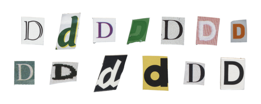 Set of isolated cut-out letter “D” from magazines on a transparent background, retro y2k style