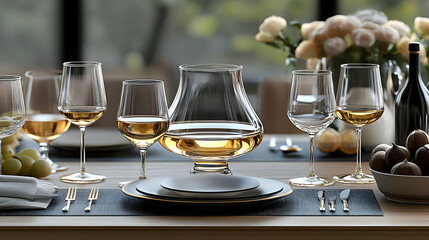 Elegant dining setup featuring wine glasses, a decanter, and a floral centerpiece.