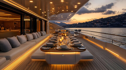 Elegant dining setup on a luxury yacht during sunset by the sea.