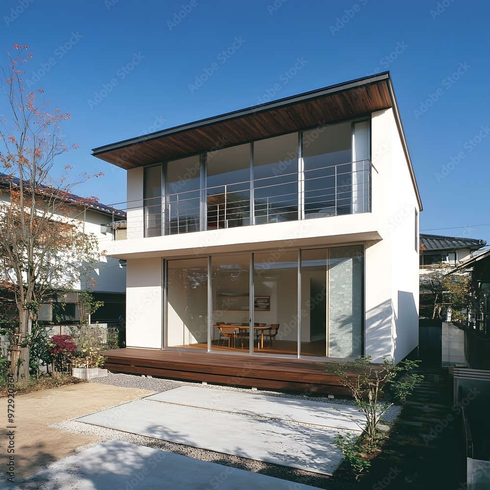 Wall mural modern two story house with wooden deck and sliding glass doors