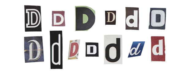 Set of isolated cut-out letter “D” from magazines on a transparent background, retro y2k style