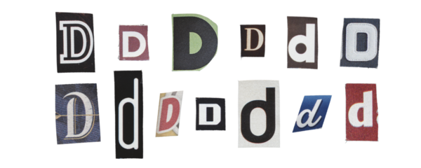 Set of isolated cut-out letter “D” from magazines on a transparent background, retro y2k style