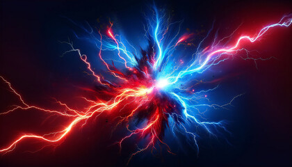 赤と青の雷. バーサス背景. Red and blue lightning. Versus background. AI generated.