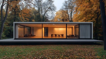 Modern Glass House in Autumn Woods