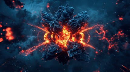 A vivid explosion of fiery colors and billowing smoke against a dark backdrop, capturing the moment of detonation in a surreal digital art style