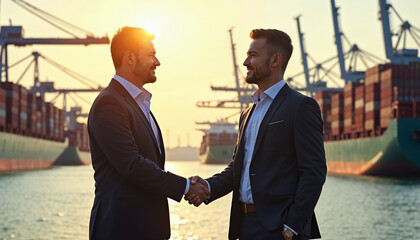 Businesspeople shake hands at a port, symbolizing a trade deal amid global commerce.