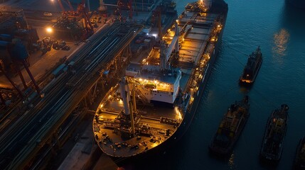 Aerial view of a busy port at night with illuminated cargo ship and tugboats preparing for loading operations in the harbor