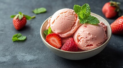 vibrant and flavorful ice cream topped with fresh strawberries and mint, perfect for ice cream lovers seeking a sweet treat