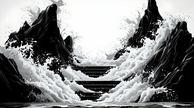 Abstract Black and White Wave Crashing Over Mountains with Stairs in the Middle - Background Animation