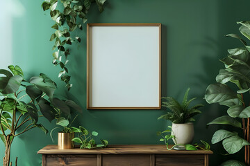 Mockup photo frame green wall mounted on the wooden cabinet with beautiful plants 3d render. Generative Ai.