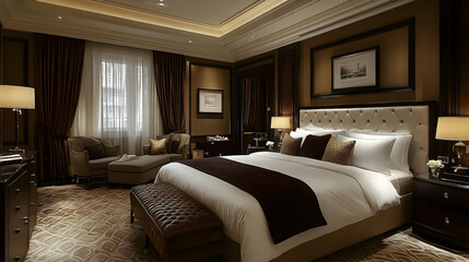 Luxurious bedroom featuring elegant furnishings and warm lighting for relaxation.
