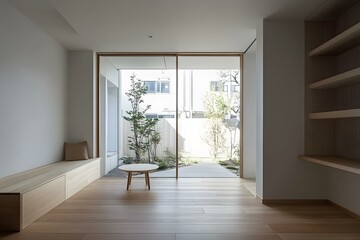 Obraz premium Modern Minimalist Home Interior Design with Wooden Floors and Large Windows