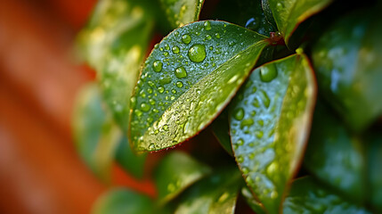 Close Up of Green Leaves Covered in Water Droplets After a Rain Shower