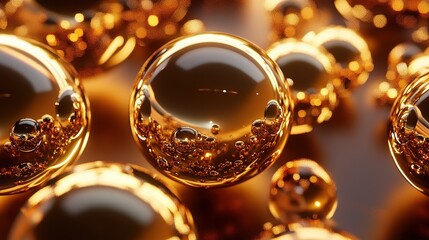 Golden bubbles reflecting light with intricate patterns in a warm atmosphere, showcasing textures and shapes in vivid detail