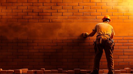 A construction worker diligently laying bricks on a wall, surrounded by dust and warm light, showcasing craftsmanship and dedication.