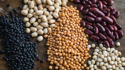 A close-up of a variety of beans spread out on a wooden surface, showcasing different shapes, sizes, and colors including kidney beans, black beans, and chickpeas.