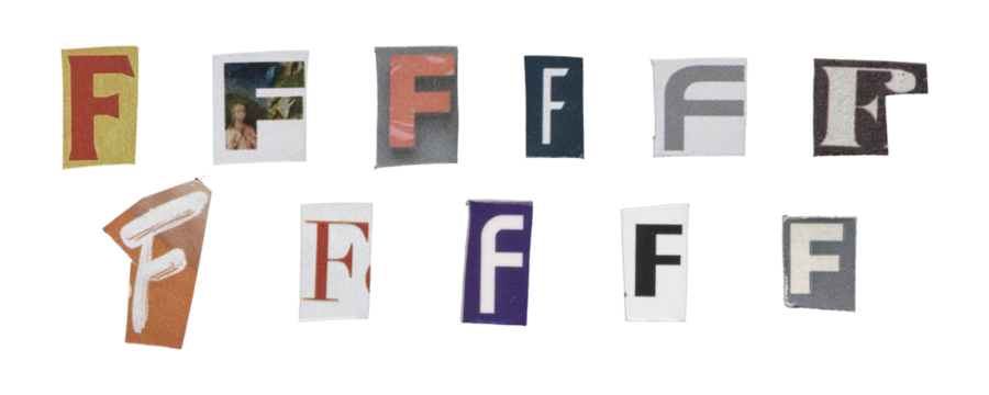 Set of isolated cut-out letter “F” from magazines on a transparent background, retro y2k style