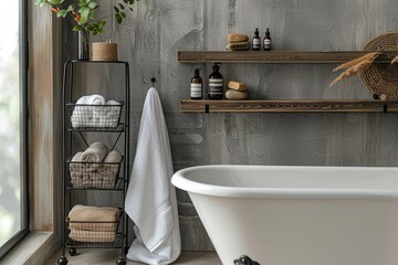Elegant black metal wire frame bathroom storage tower with three baskets on wheels, next to white bathtub and wooden shelf, displaying towels and soaps.