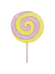 Watercolor pink and yellow lollipop on stick isolated on white background. Hand drawn watercolor.