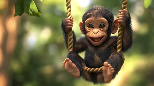 18. **Charming 3D render of a baby monkey swinging from a vine with a playful expression